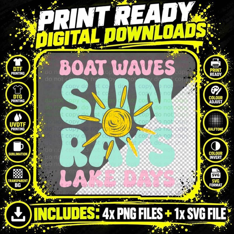 Boat Wave Sun Rays Lake Days Summer Beach Vâction Retro Png SVG Digital Bundle