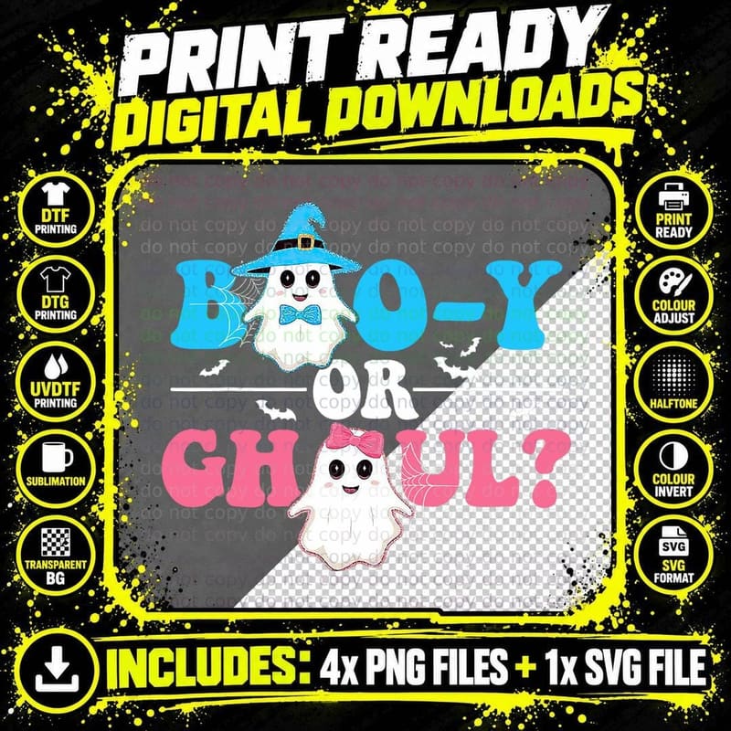 Boo-Y or Ghoul Gender Reveal Cute Groovy Boy Girl Ghosts Png SVG Digital Bundle