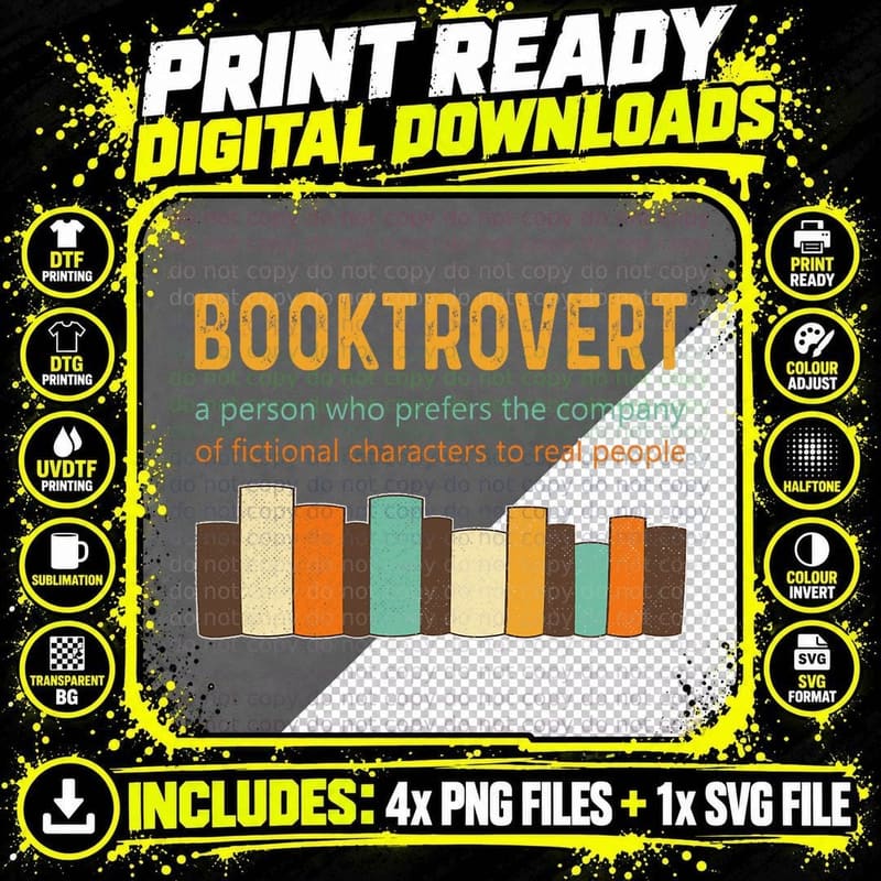 Booktrovert Book Lover Book Worm Reading Nerd Retro Png SVG Digital Bundle