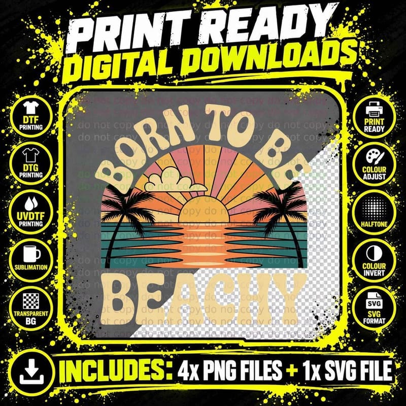 Born to Beachy Summer T-Shirt, Circle Retro Sunset Palms Png SVG Digital Bundle