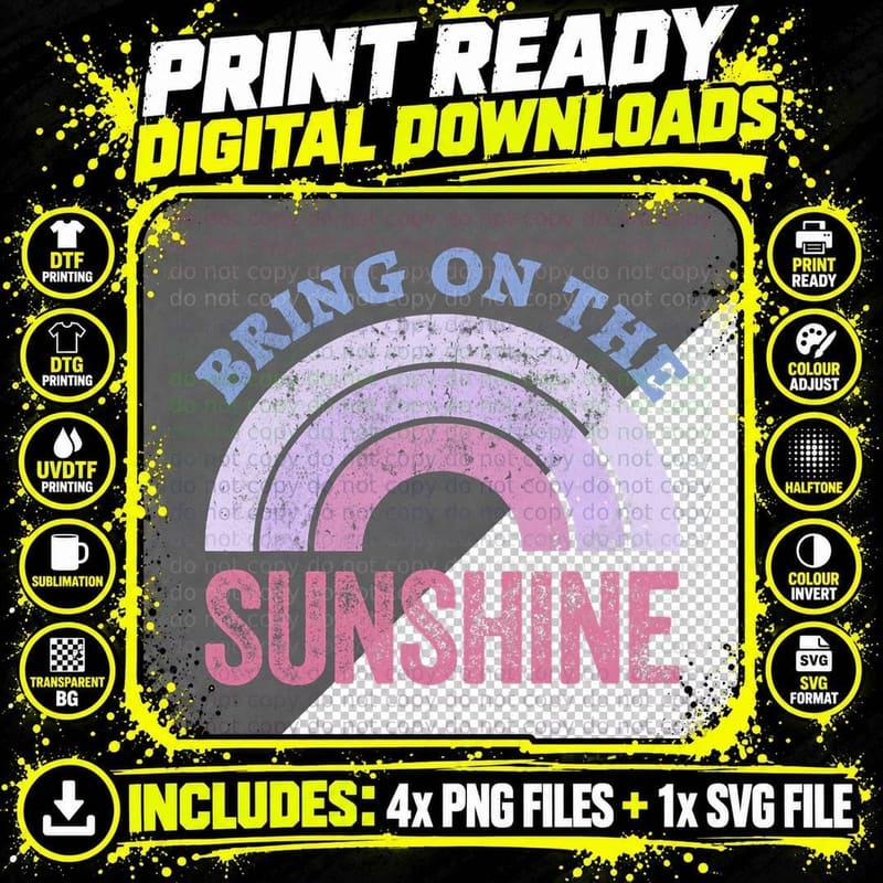 Bring on the Sunshine Tea Vintage Pink Rainbow Top Png SVG Digital Bundle