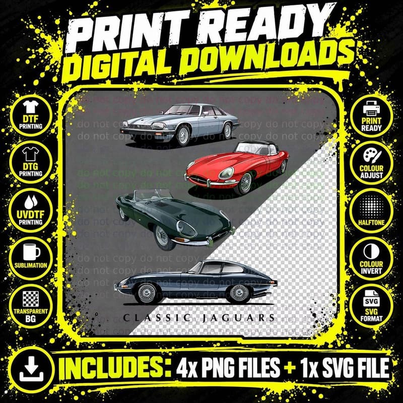 British Sports Cars - Classic Jaguars Png SVG Digital Bundle