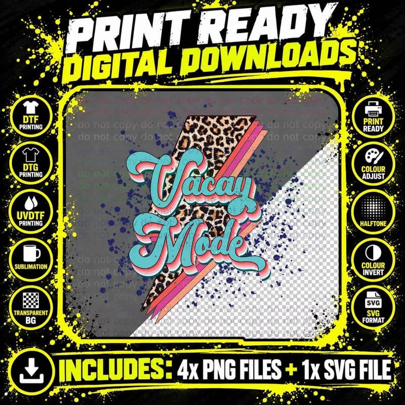 Cacao Mode Summer T-Shirt, Leopard Lightning Neon Retro Png SVG Digital Bundle