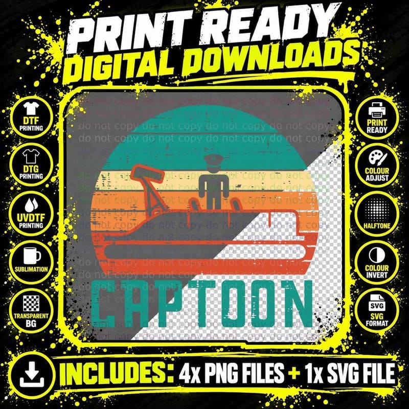 Captoon Boat Sunset Retro Pontoon Captain Men Boys Kid Png SVG Digital Bundle