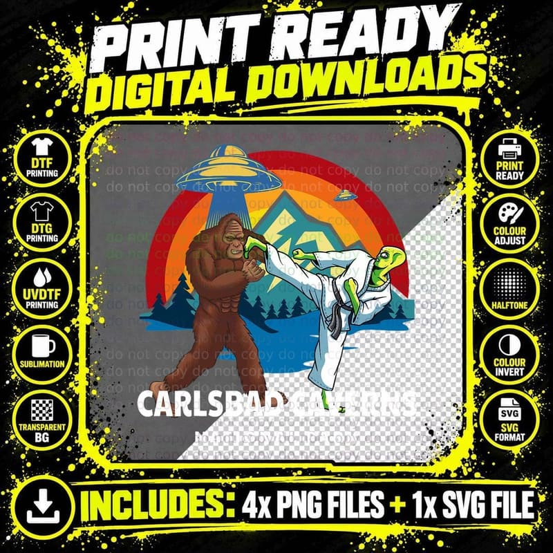 Carlsbad Caverns National Park Bigfoot Alien Retro UFO Png SVG Digital Bundle