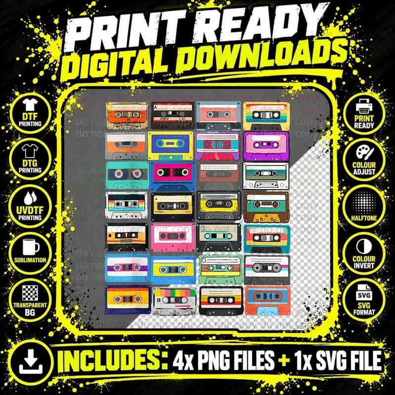Cassette Mixtape Retro 1980s 1990s Music Vintage Graphic Png SVG Digital Bundle