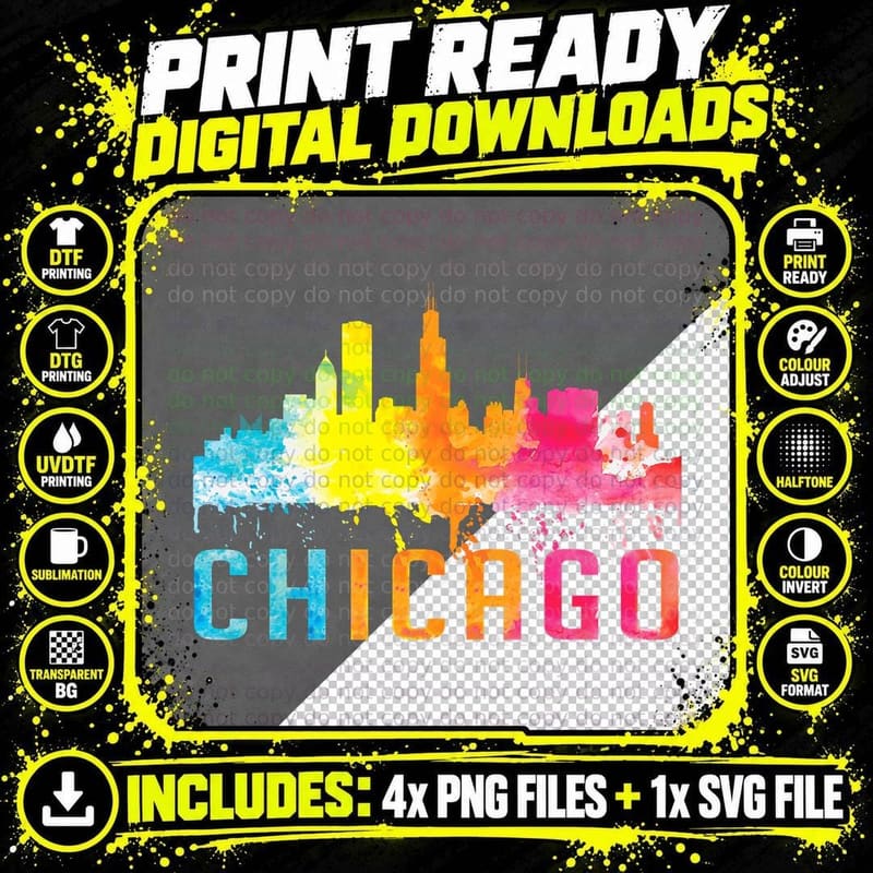 Chicago Illinois Retro Watercolor Skyline Art Souvenir Png SVG Digital Bundle