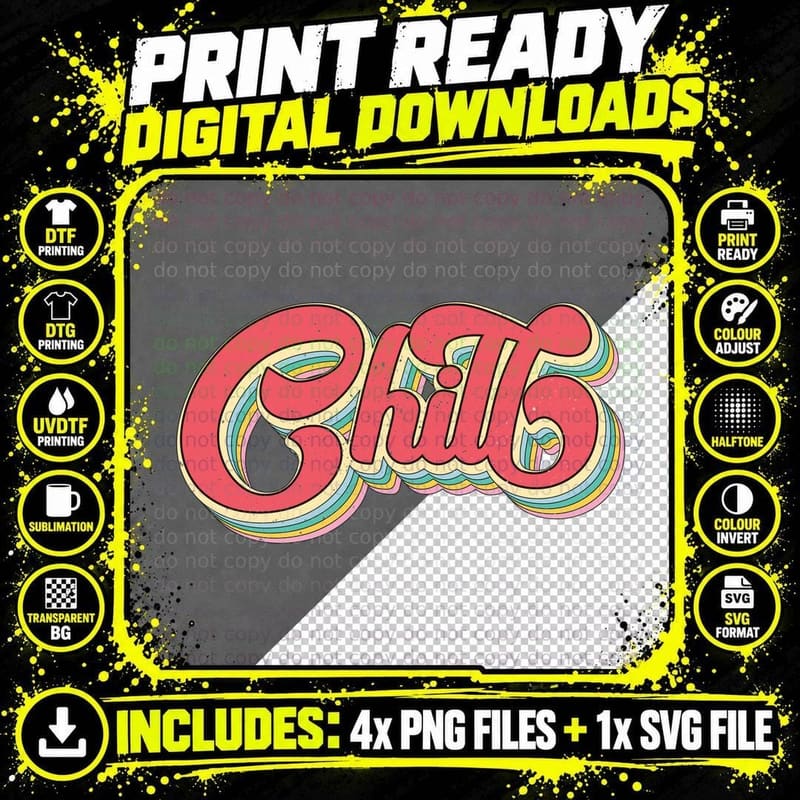 Chill Summer T-Shirt, Rainbow Retro Slogan Text Sunny Tee Png SVG Digital Bundle
