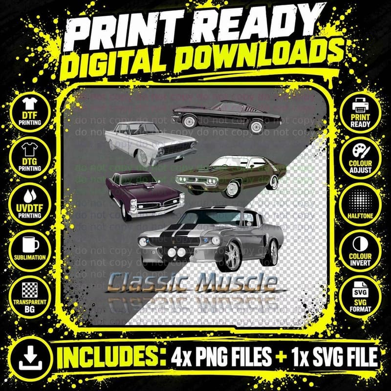 Classic American Muscle Cars Novelty T-Shirt Png SVG Digital Bundle