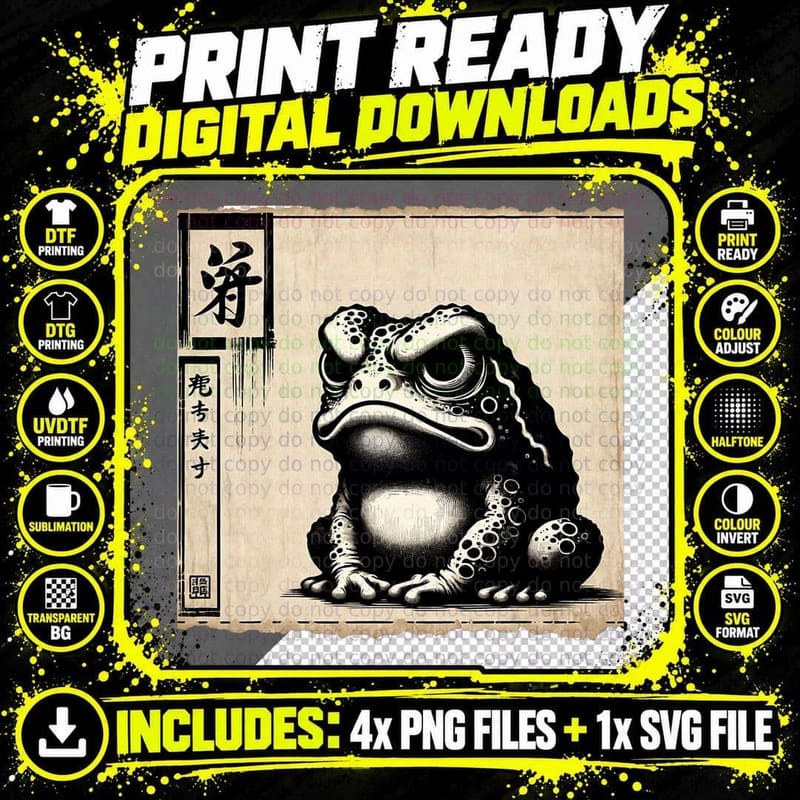 Classic Silhouette Animal Lover Japanese Art Grumpy Frog Png SVG Digital Bundle