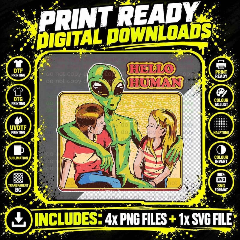 Cool Retro Alien Et Hello Humans Outer Space Galaxy Fans Png SVG Digital Bundle