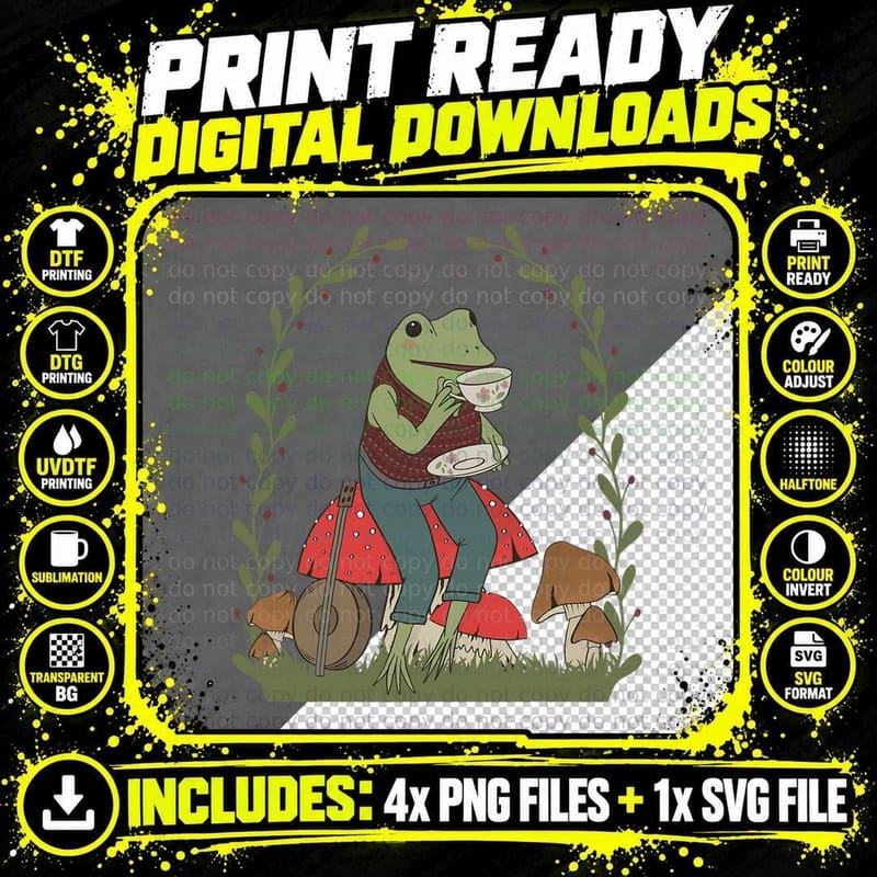 Cottagecore Aesthetic Frog Drinking Tea, Bohemian Nature Png SVG Digital Bundle