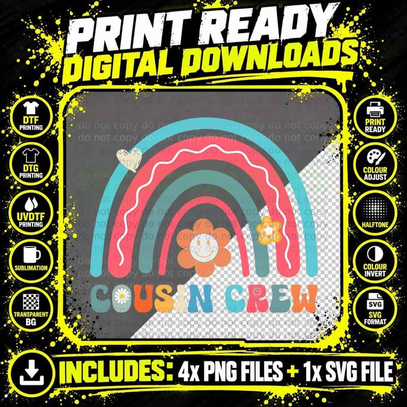 Cousin Crew Retro Groovy Cousin Squad Family Kids Png SVG Digital Bundle