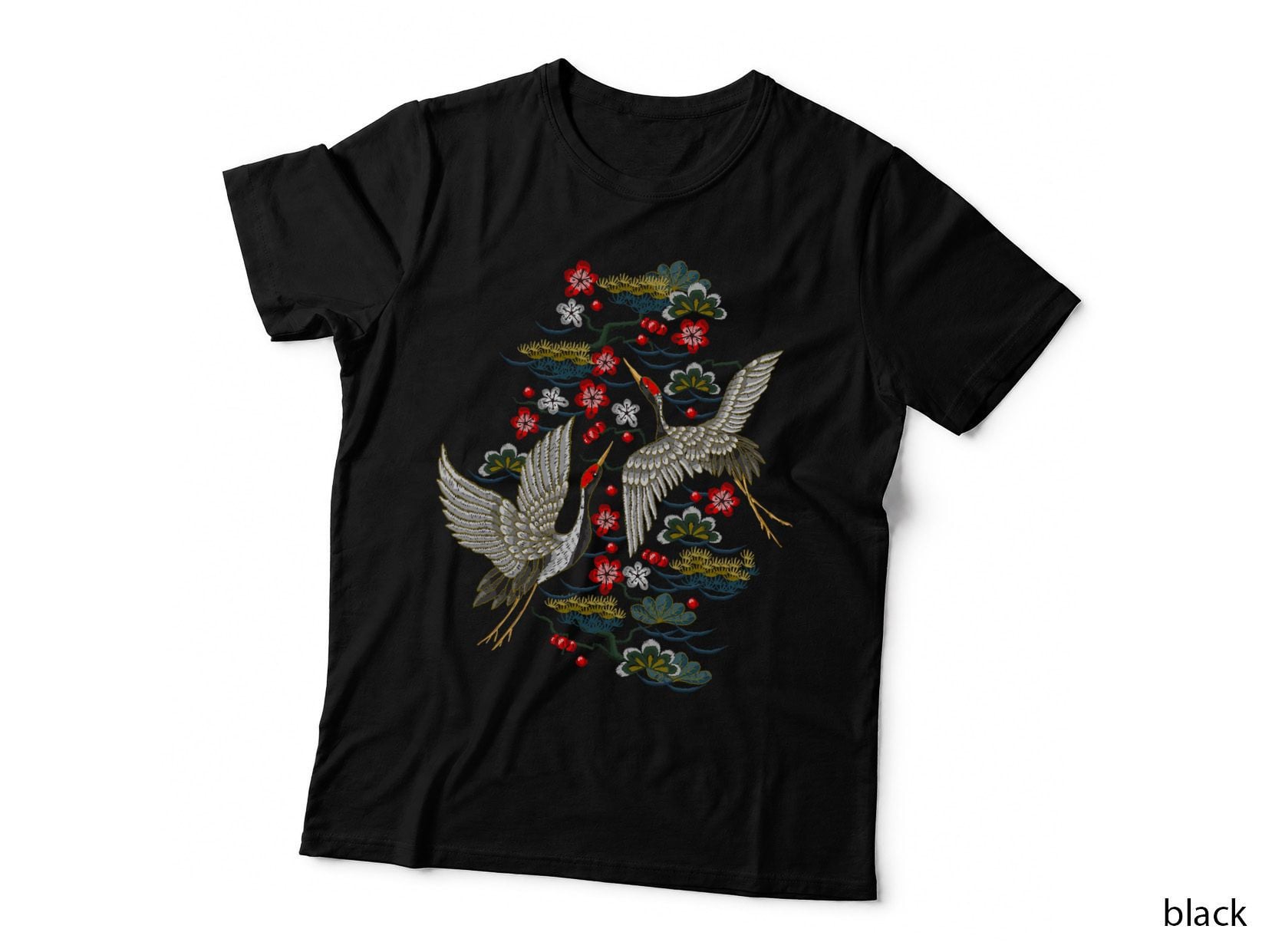 Crane & Cherry Blossom Tshirt - Vintage Japanese Embroidery, Traditional Art