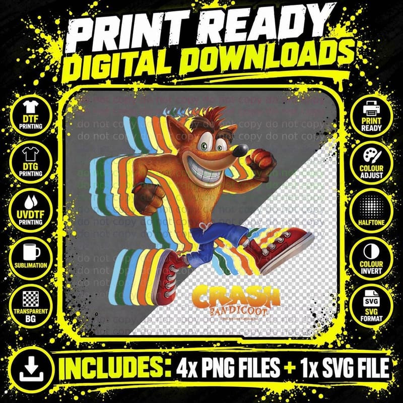 Crash Bandicoot Retro Crash Rainbow Vintage Action Png SVG Digital Bundle