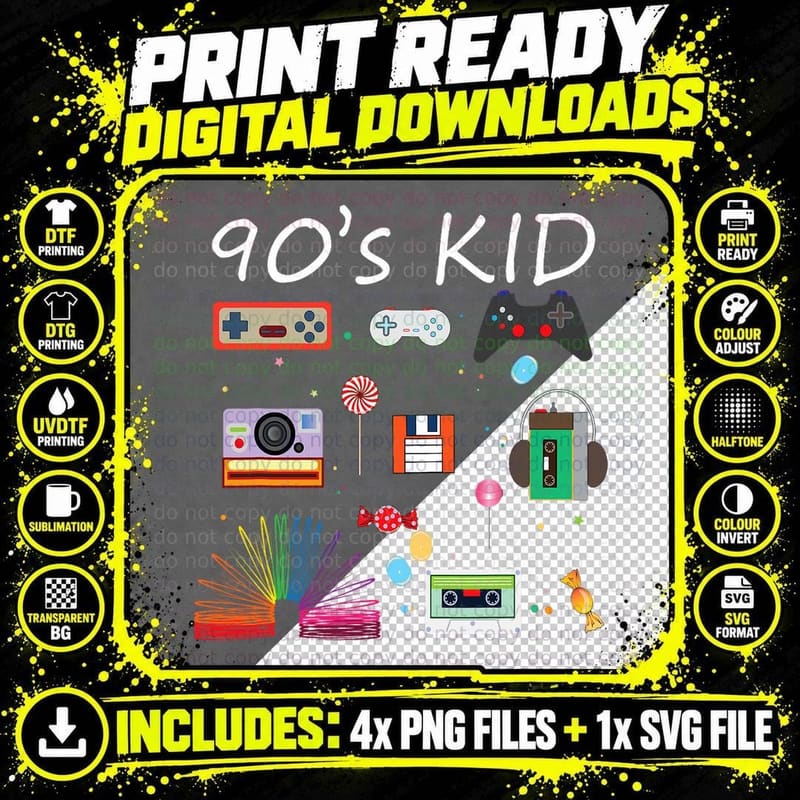 Decade Year 1990 90's Kid Retro Era Born in the 90's Png SVG Digital Bundle