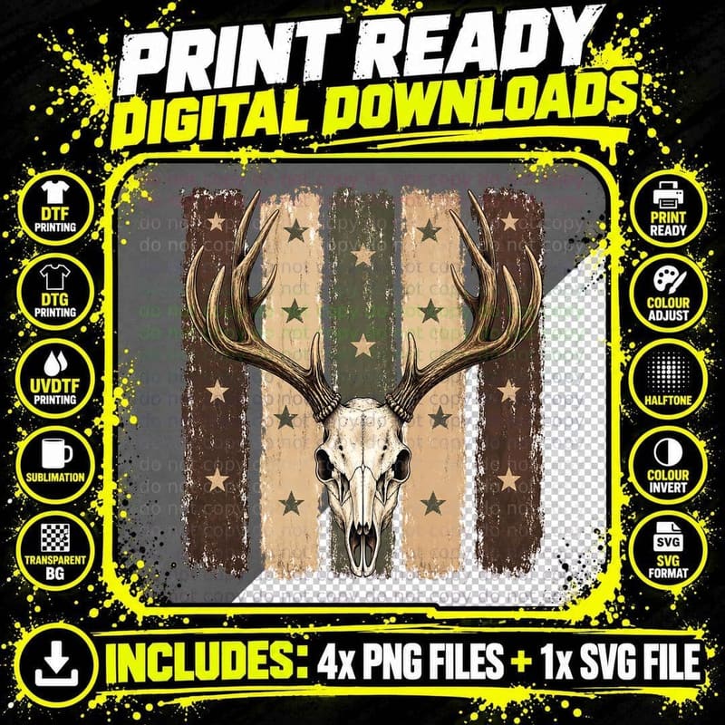 Deer Skull Over Distressed Flag Hunting T-Shirt Png SVG Digital Bundle