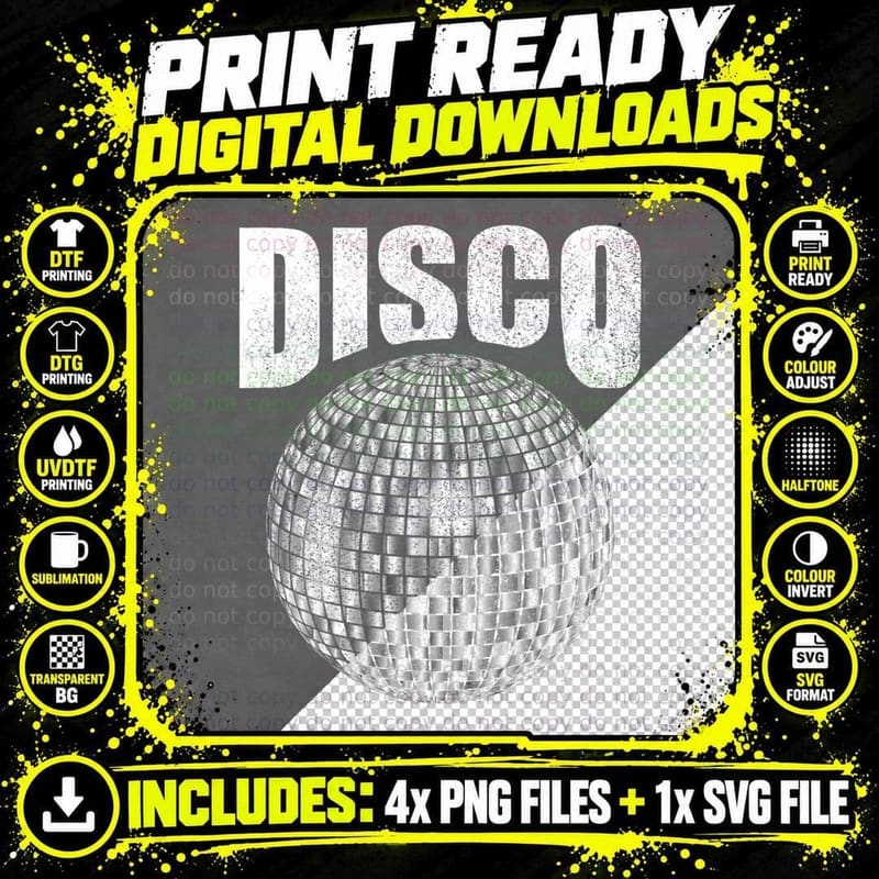Disco Music Ball Funk Soul Music Lover Retro 70s 80s Png SVG Digital Bundle