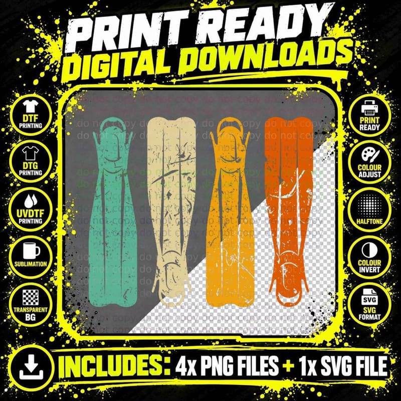 Diving Fins Retro Scuba Diving Snorkeling Diver Vintage Png SVG Digital Bundle