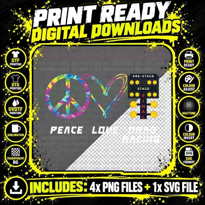 Drag Racing Race Car Girl Retro Tie Dye Peace Love Drag Png SVG Digital Bundle