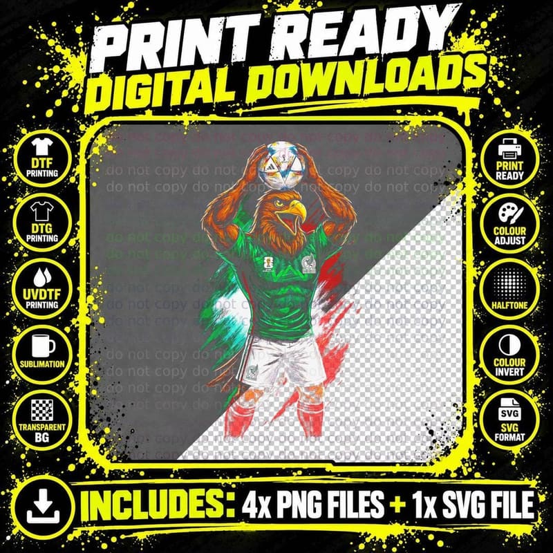 Eagle Footballer Mascot Distressed Splatter Green White Png SVG Digital Bundle