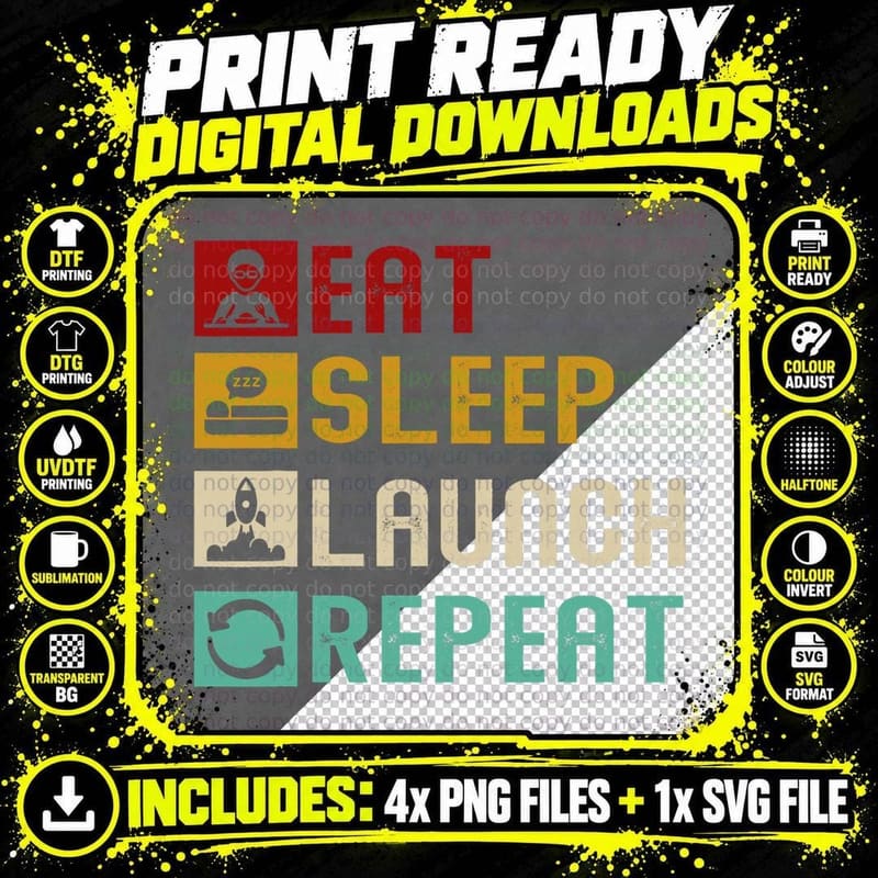 Eat Sleep Launch Repeat Rocketry Science Lovers Vintage Png SVG Digital Bundle