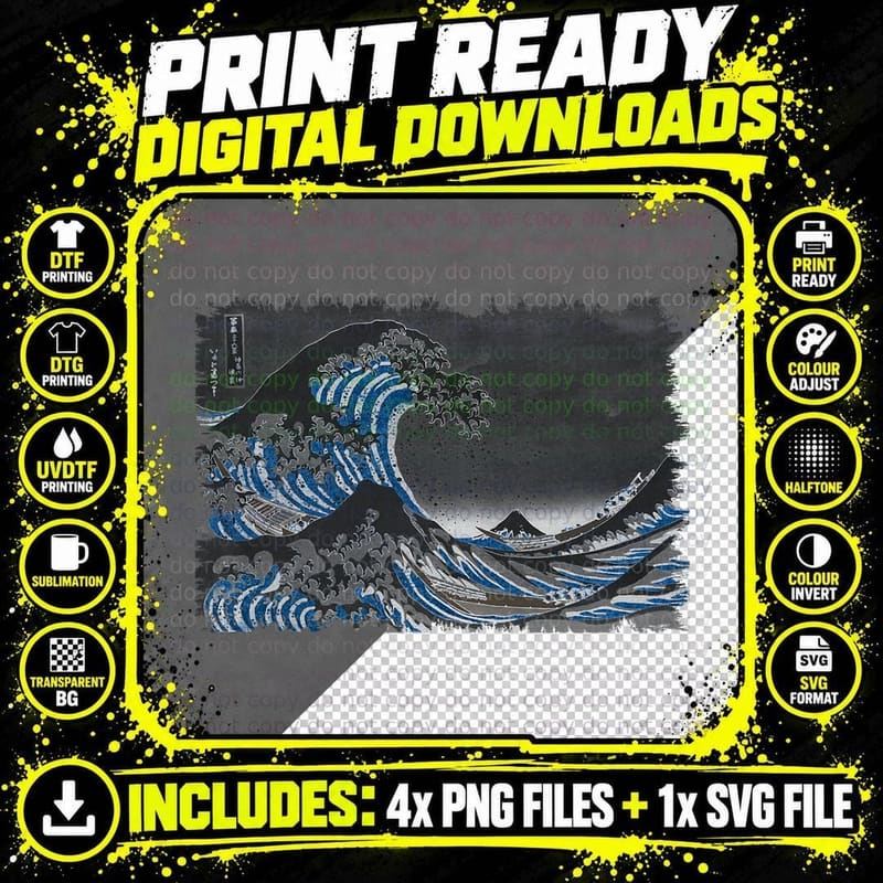 Famous Vintage Art Great Ocean Wave Hokusai Stylish Png SVG Digital Bundle
