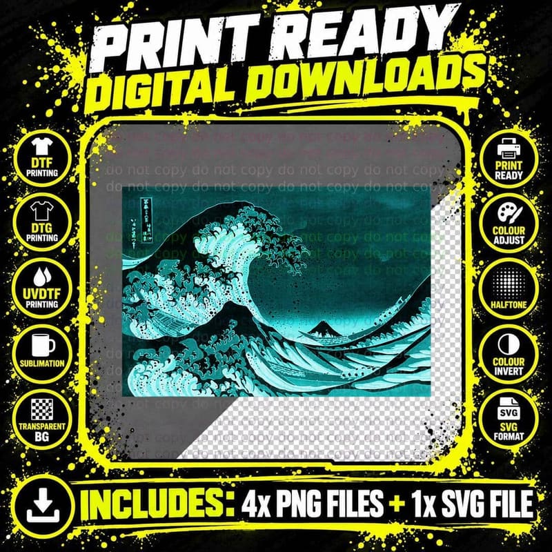 Famous Vintage Japanese Art the Great Wave Remix Stylish Png SVG Digital Bundle