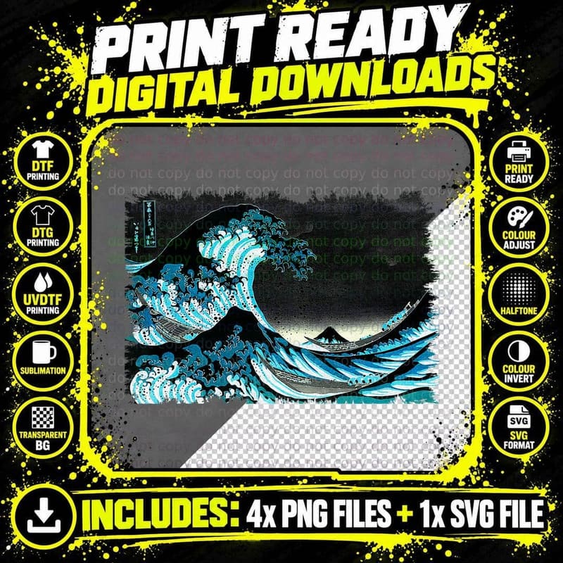 Famous Vintage Japanese Fine Art Great Wave Hokusai Png SVG Digital Bundle