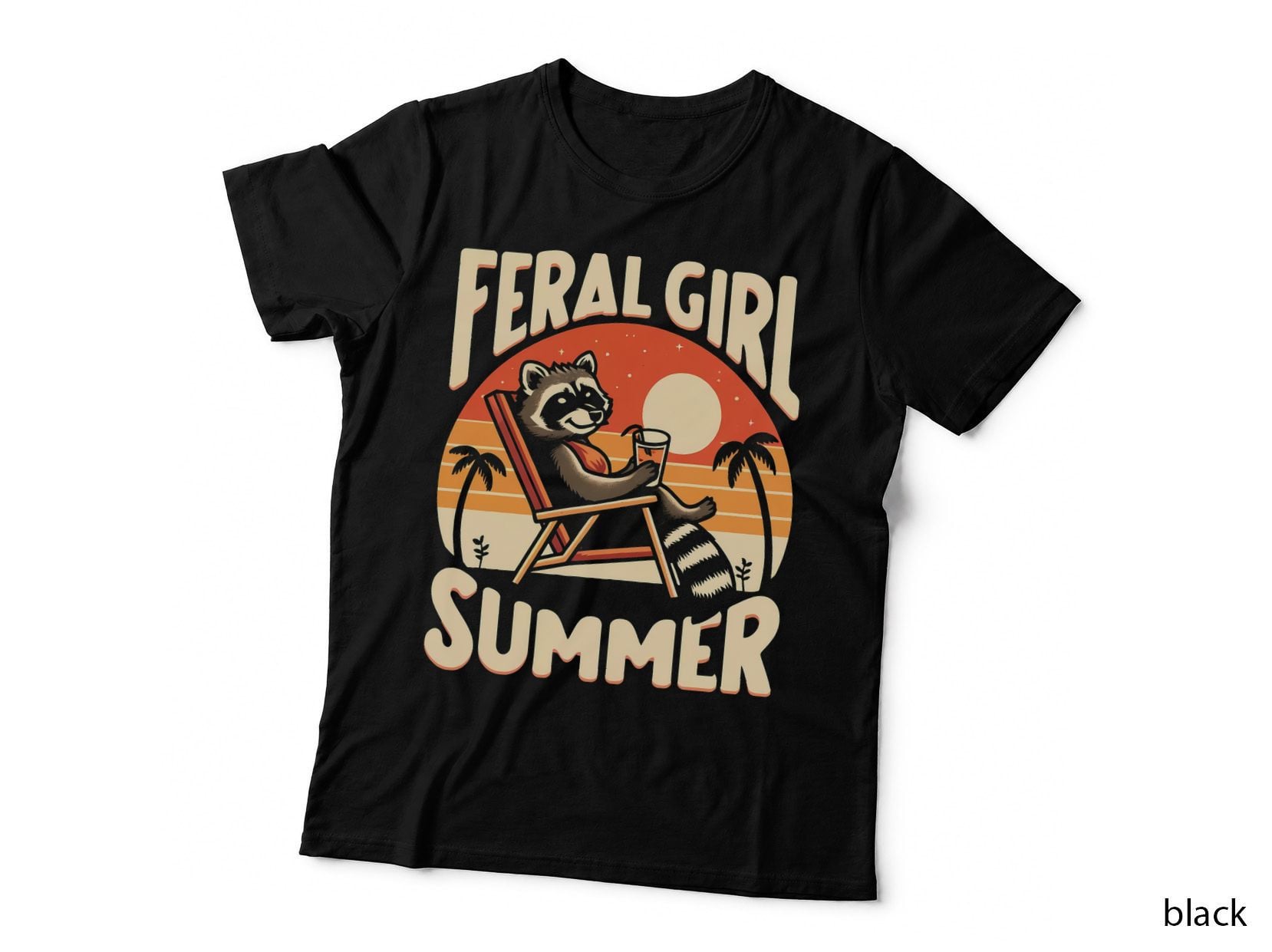 Feral Girl Summer T-Shirt, Retro Raccoon Beach Chair Sunset Sunny Tee