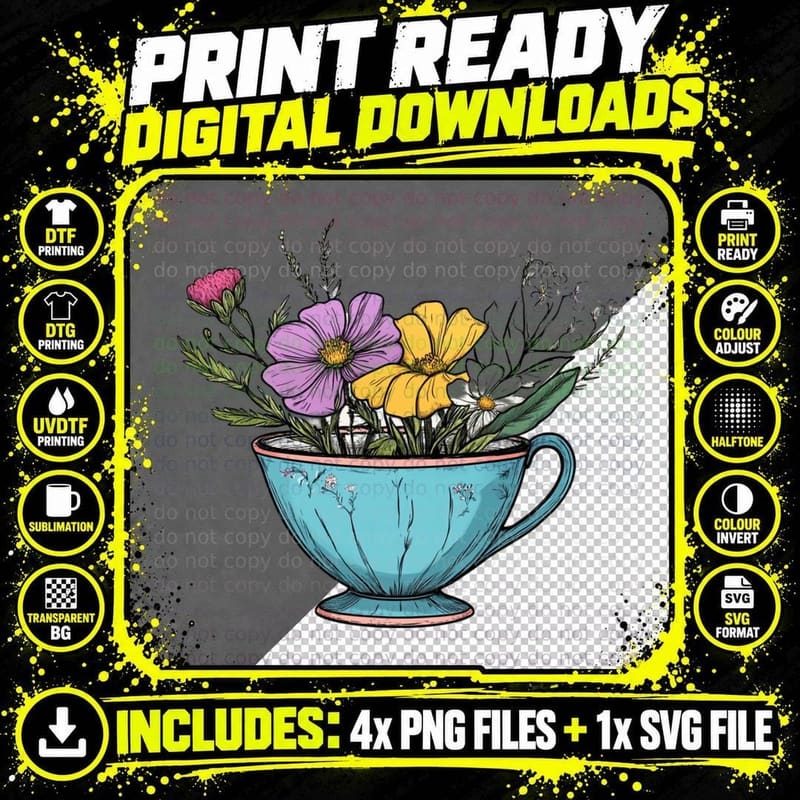 Flowers in a Vintage Teacup Mothers Day T-Shirt Png SVG Digital Bundle