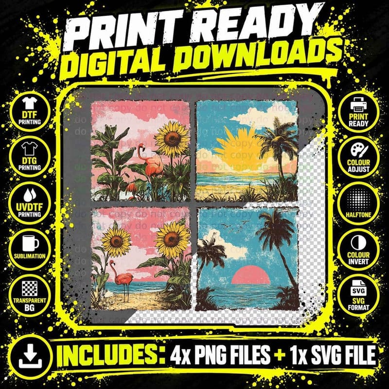 Four Vintage Beach Panels Summer T-Shirt Png SVG Digital Bundle