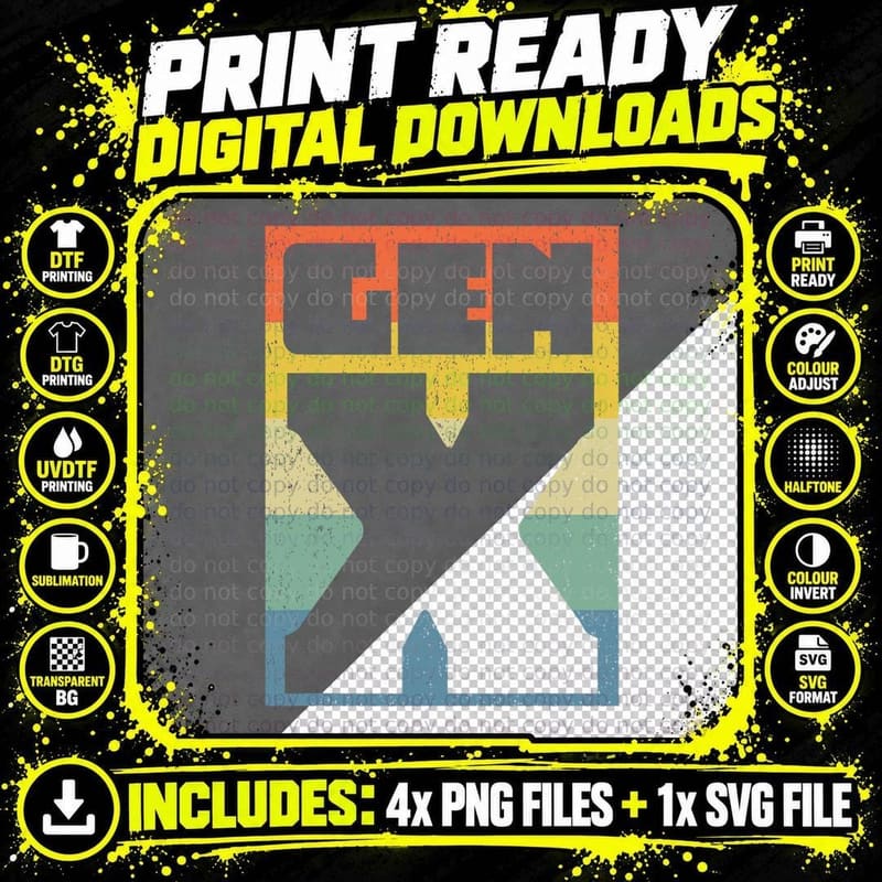 Gen X Retro Vintage Sunset Stripes Generation Typography Png SVG Digital Bundle