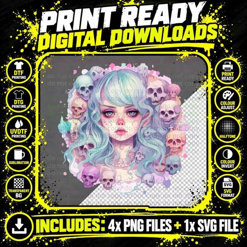 Girl with Skulls Pastel Goth Charming Png SVG Digital Bundle
