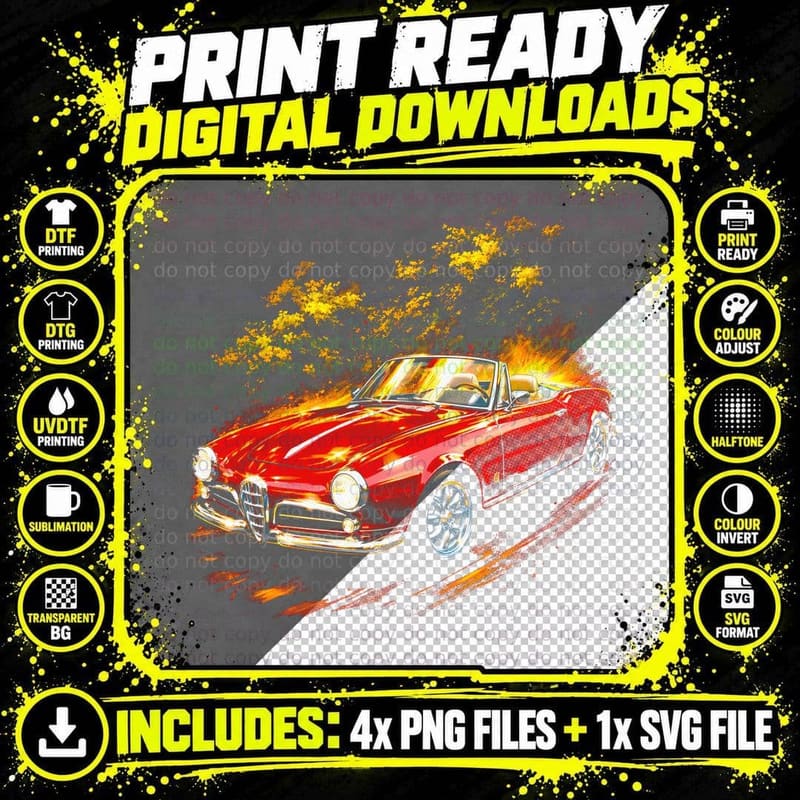 Giulietta Spider T-Shirt, Halftone Sports Car Graphic Tee Png SVG Digital Bundle