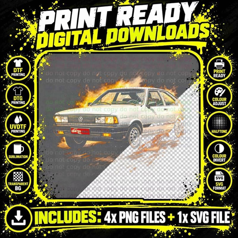 Gol Hatch T-Shirt, Halftone Classic Car Graphic Tee Png SVG Digital Bundle