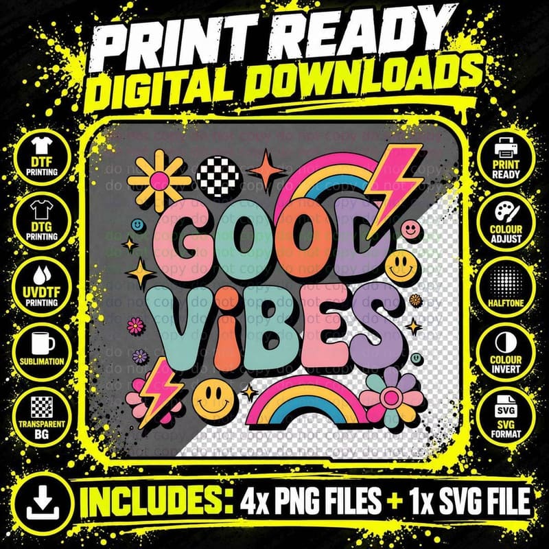 Good Vibes Hippie T-Shirt, Colorful Retro Vibes with Png SVG Digital Bundle