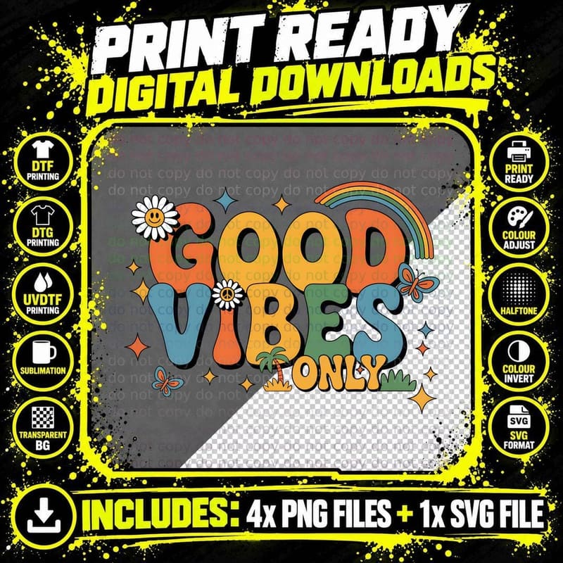 Good Vibes Only Hippie T-Shirt, Colorful Retro Vibes Png SVG Digital Bundle