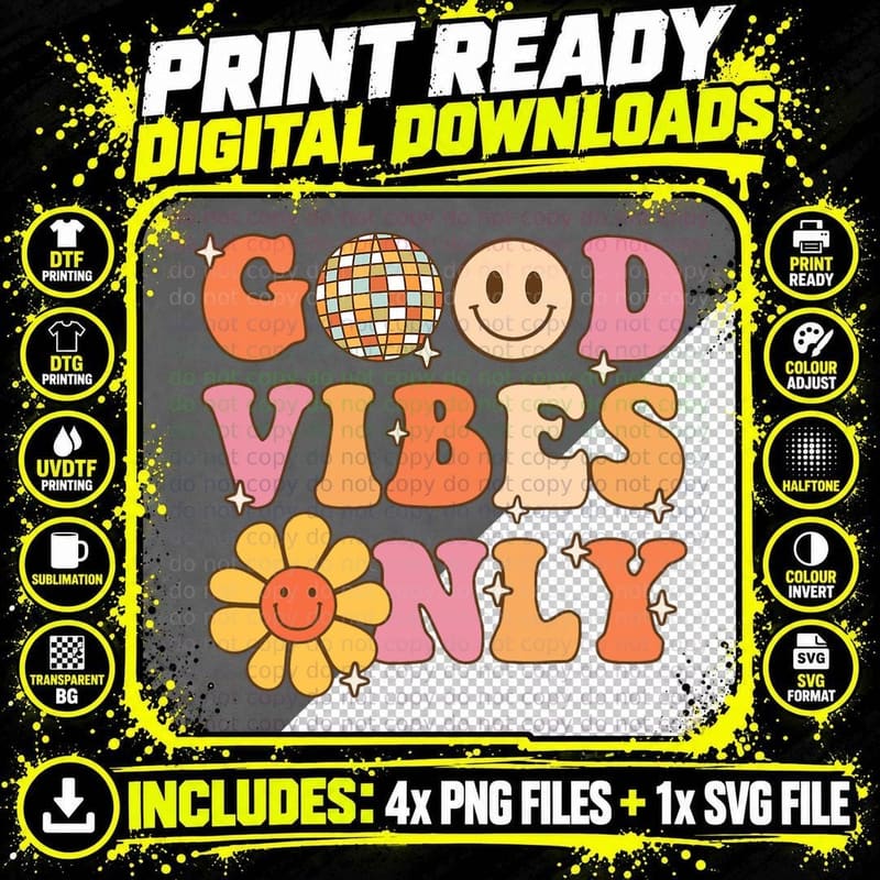 Good Vibes Only Peace Love 60s 70s Tie Dye Groovy Hippie Png SVG Digital Bundle