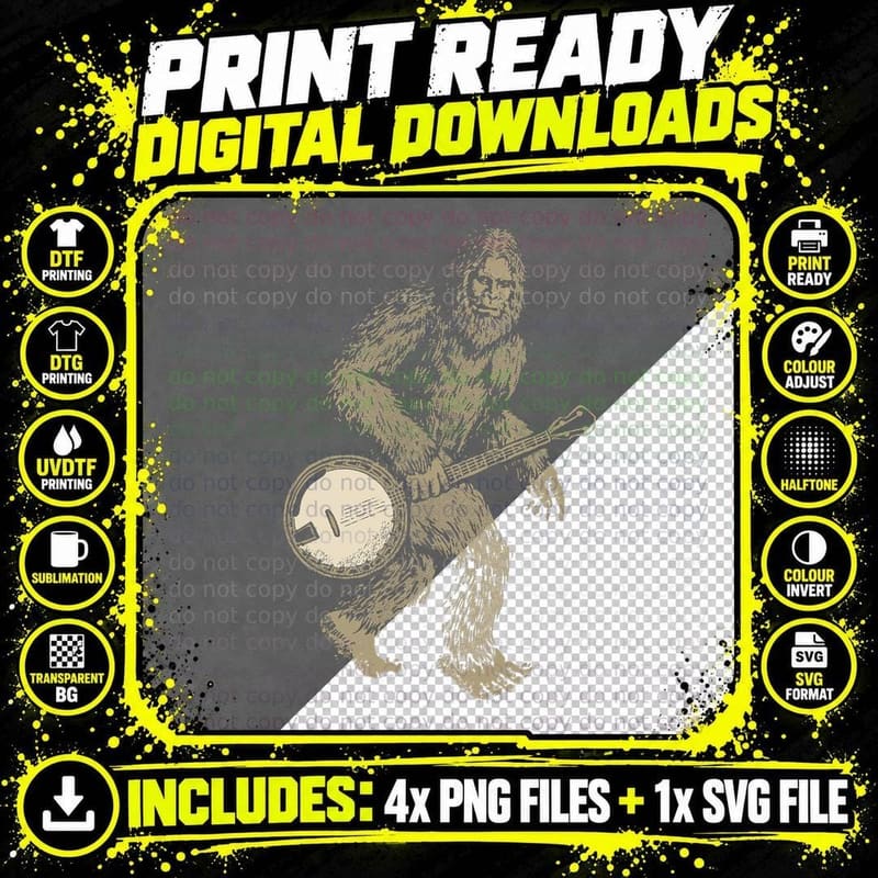 Grassquatch! Vintage Bigfoot & Bluegrass Banjo Music Png SVG Digital Bundle