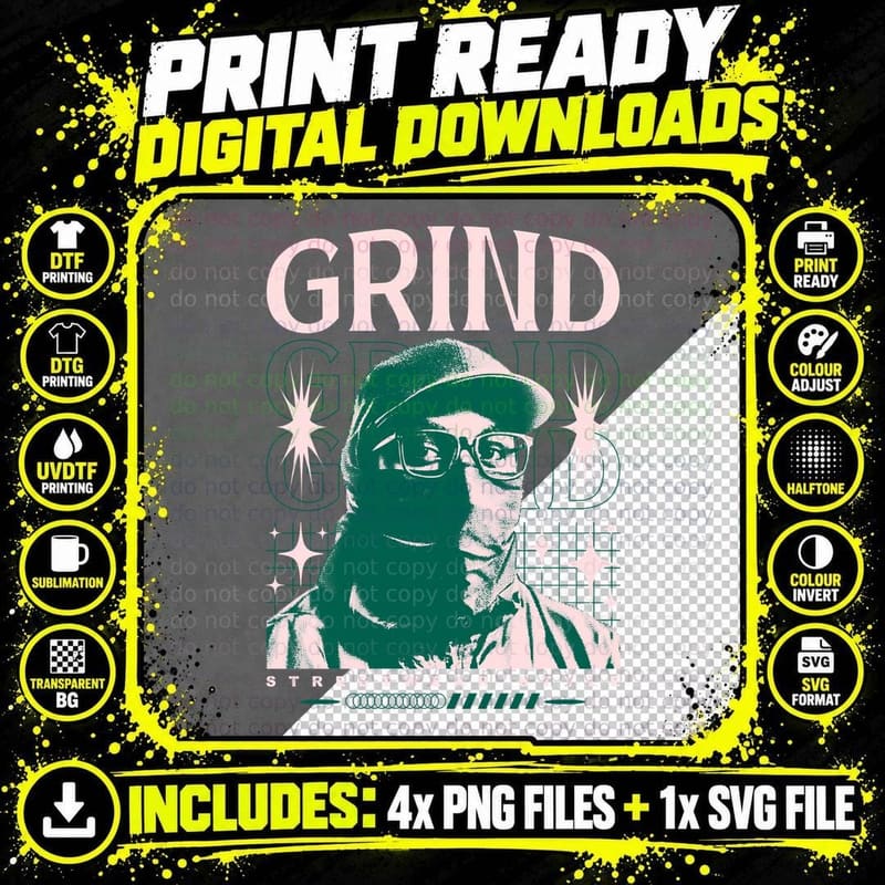 Grind Retro Urban Fashion T-Shirt, Streetwear Style Png SVG Digital Bundle