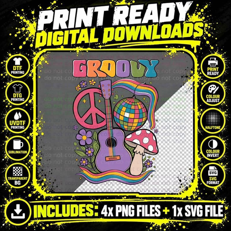 Groovy Hippie T-Shirt, Groovy Music Festival Elements Png SVG Digital Bundle