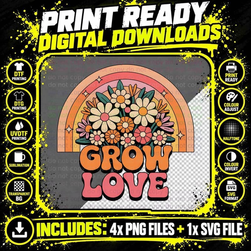 Grow Love Hippie T-Shirt, Rainbow Flowers in Retro Style Png SVG Digital Bundle