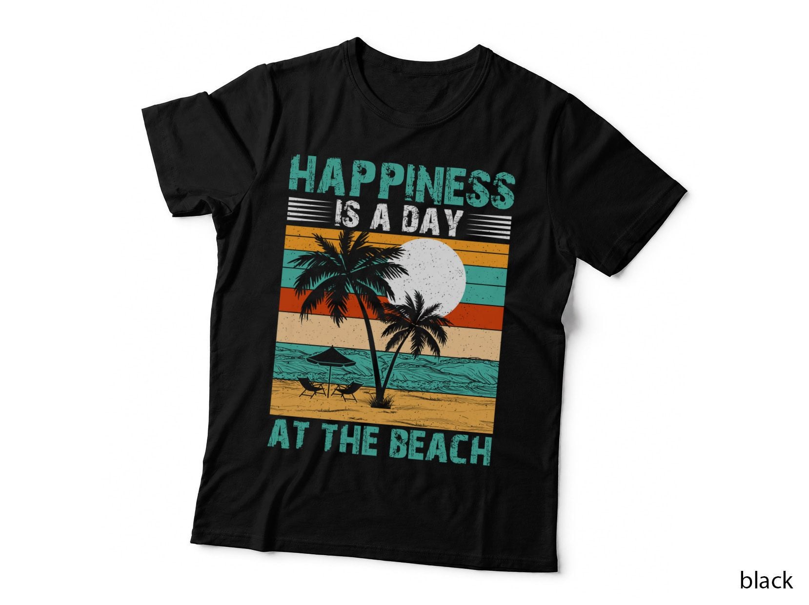 Happiness Is a Day at the Beach Summer T-Shirt, Retro Vintage Beach Sunset