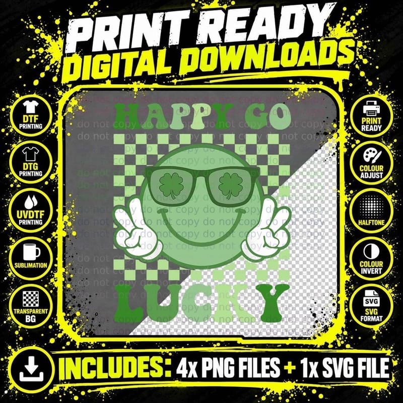 Happy Go Lucky Shamrock Groovy St Patricks Day Women Png SVG Digital Bundle