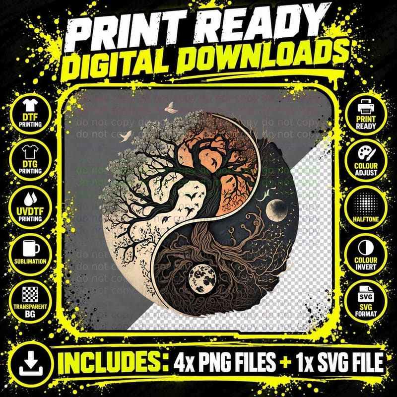Harmonious Tees Tree of Life Yin Yang Black T-Shirt - Png SVG Digital Bundle