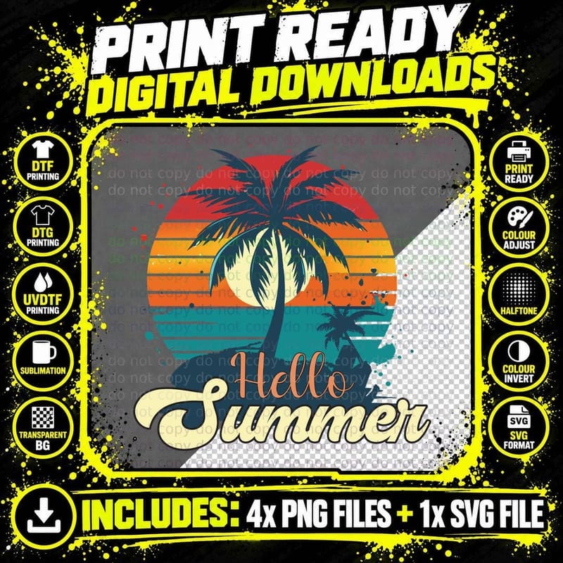 Hello Summer T-Shirt, Retro Palm Tree Sunset Stripes Png SVG Digital Bundle