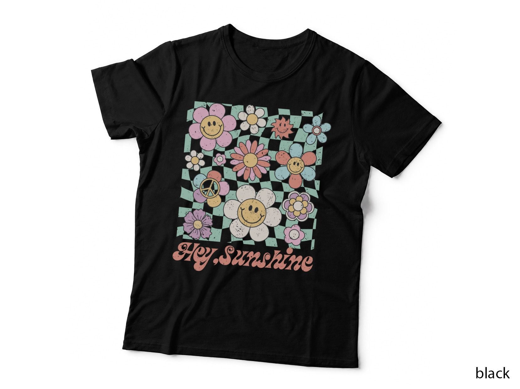 Hey Sunshine Summer T-Shirt, Checkerboard Smiley Flowers Distressed Sunny Tee
