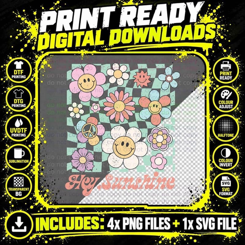 Hey Sunshine Summer T-Shirt, Checkerboard Smiley Flowers Png SVG Digital Bundle