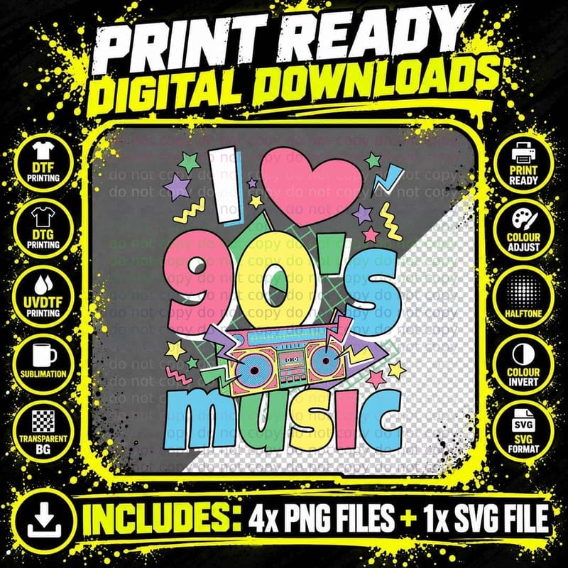 I Love 90s Music 1990s Theme Outfit Nineties 90's Png SVG Digital Bundle